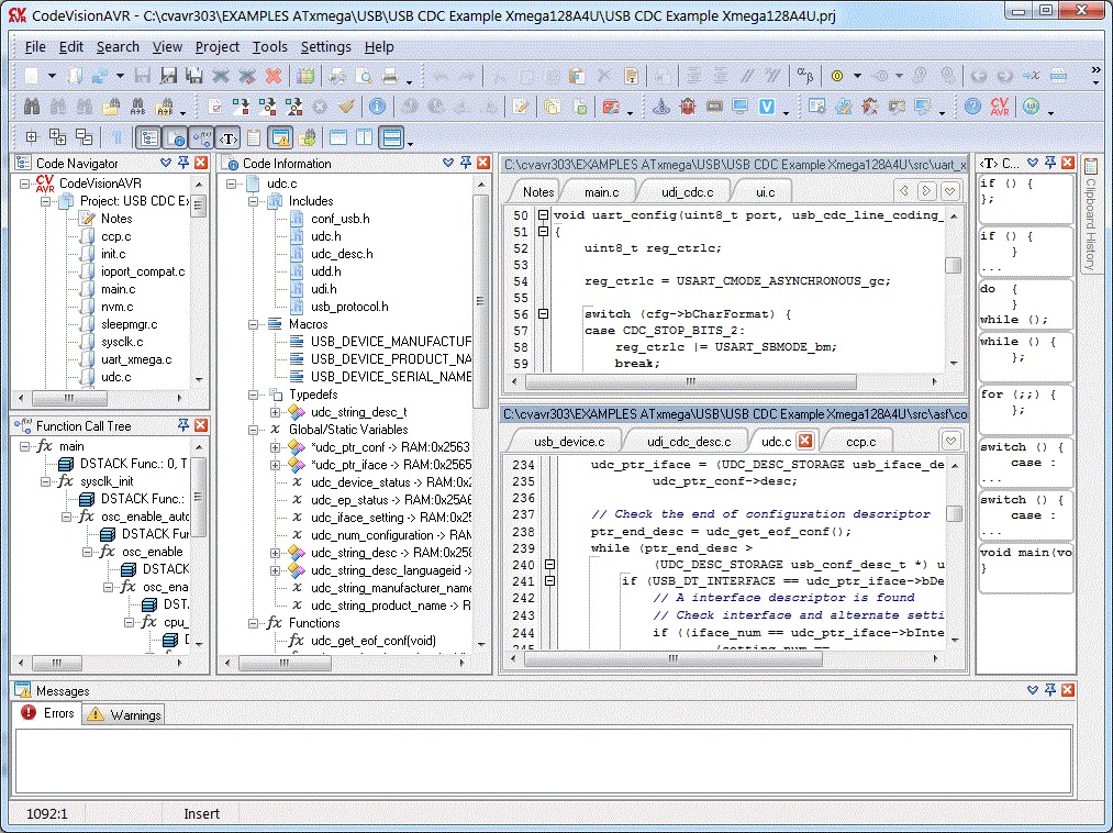 Tampilan screenshot Codevision AVR. menampilkan source code.